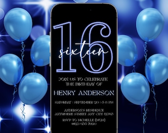 Schwarz Blau Neon 16. Geburtstag Evite: Bearbeitbar Teen Einladung