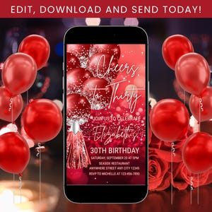 Invitación digital para 30 cumpleaños, invitación de cumpleaños roja para mujeres, cumpleaños rojo y plateado, invitación de cumpleaños &quot;Cheers to Thirty&quot;, trigésimo cumpleaños