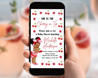 Kirsch-Babyparty Evite, Kirsche an der Spitze, Afro-Kirsch-Babyparty-Einladung, Mädchen-Babyparty, sie ist die Kirsche auf der oberen Text-Einladung