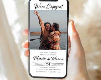 May include: A digital phone screen displaying a wedding announcement. The announcement is for Michelle & Michael's engagement party on Saturday, February 24th from 3:00 to 5:00 PM at Anderson's Residence. The announcement includes a photo of the couple.