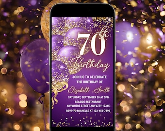 以下が含まれることがあります： スマートフォンには、70歳の誕生日のお祝いのデジタル招待状が表示されています。デザインは紫色の風船、金色の紙吹雪、そして「70th Birthday」のテキストが特徴です。招待状にはイベントの詳細とRSVP情報が含まれています。