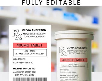Editable Prescription Label Template, Pill Bottle Label (Digital Download)