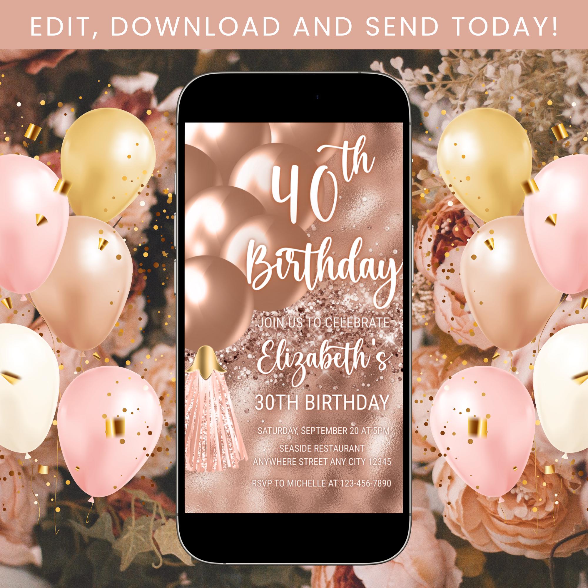 40. Geburtstag Mobile Einladung, Rose Gold Geburtstag einladen, Evite 40. Geburtstag, Geburtstagseinladung für Erwachsene, Rose Gold Einladung Vorlage