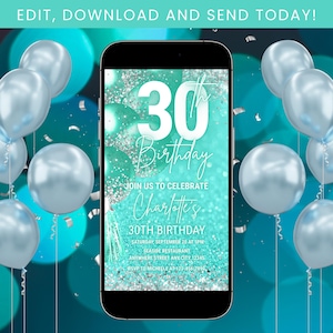 Digital Turquoise Birthday Invitation, Silver and Turquoise Women Birthday Invite, Mobile Invitation, Turquoise Balloons Invite Template