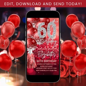 Digital 60th Birthday Invitation, Women Red Birthday Invite, Red and Silver Birthday, Cheers to Sixty Birthday Invitation, Sixtieth Birthday