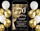 Gold 70th Birthday Mobile Invitation, Seventieth Birthday Invite, 70th Birthday, Any Age Neon Invitation, Black Gold Invitation Template