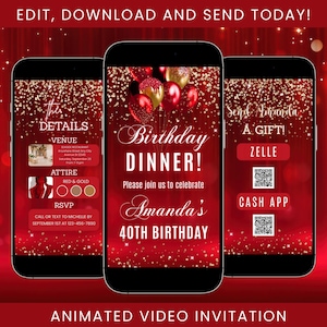 Birthday Dinner Invitation, Red Women Birthday Invite, Adult Text Birthday, Red and Gold Balloons Birthday Invitation Template Digital