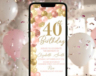 Rose Gold-Geburtstagseinladung, 40. Geburtstag einladen, jedes Alter, Frauen-Geburtstags-Einladung, bewegliche Einladungsvorlage Digitaler Download