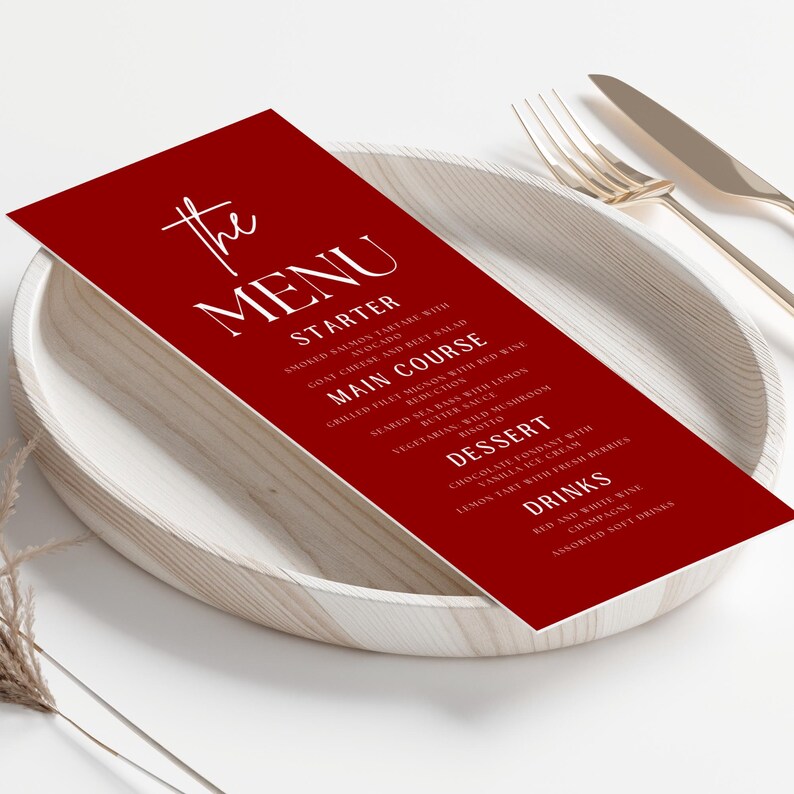 Red Food Menu Card, Table Menu, Minimalist, Party Menu, Retirement Menu ...