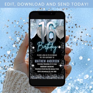 16th Birthday Invitation, Sixteenth Birthday Invite, Sweet 16 Invitation, Teen Birthday Invitation, Blue and Silver Invitation Digital