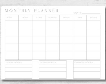 Monthly Planner Printable, Undated A4 Calendar (Digital Download)