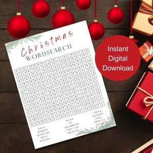 Printable Christmas word search game, party games, kids games, family fun printable, digital download