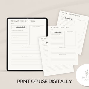 Daily self reflection digital and printable one pager for mindfulness and reflection on your day journal topics and prompts mental health
