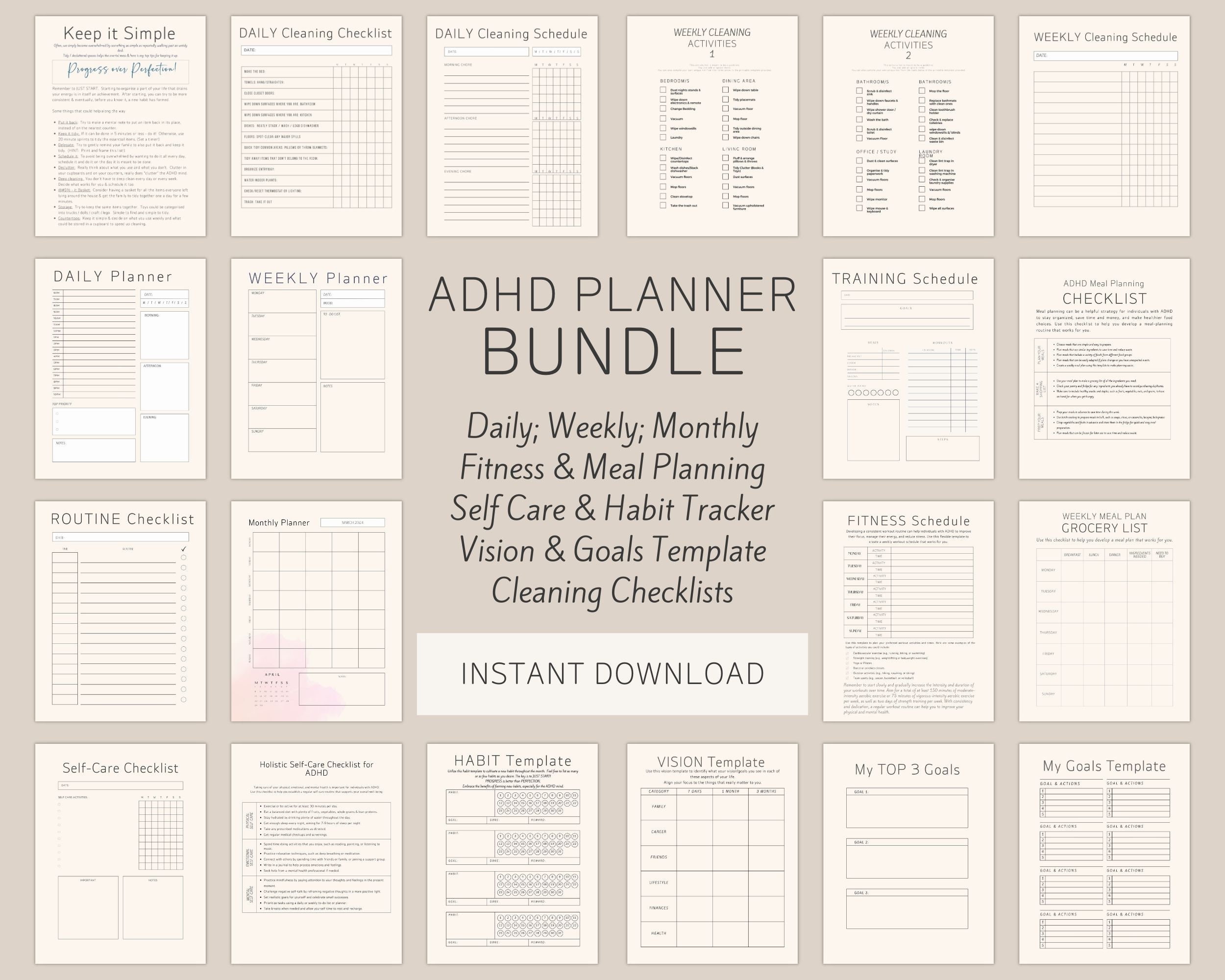 ADHD Planner Print Digital Self Care Habit Tracker Cleaning Checklist ...