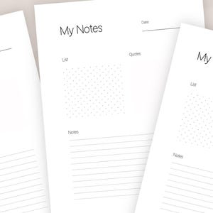 May include: Printable planner pages with the title "My Notes" and sections for lists, notes, and quotes. The pages have a dotted grid pattern for lists.