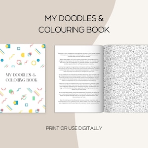 May include: A coloring book with the title "My Doodles & Coloring Book" on the cover. The cover features a colorful geometric pattern. The inside pages show a black and white doodle pattern.