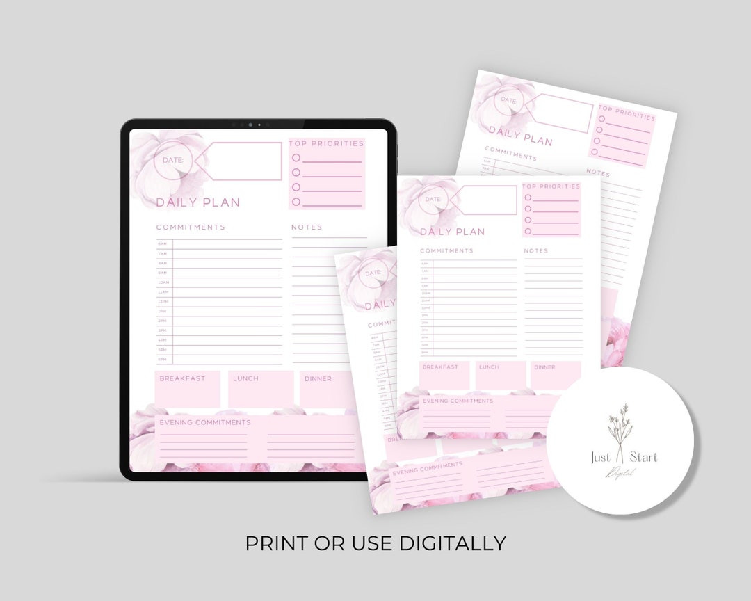 Peony Floral Daily Planner: Printable Schedule & To-do List (digital ...