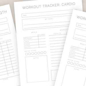 May include: Printable workout tracker pages with sections for cardio, strength, and general workouts. Each page includes sections for meals, water intake, notes, and workout details.