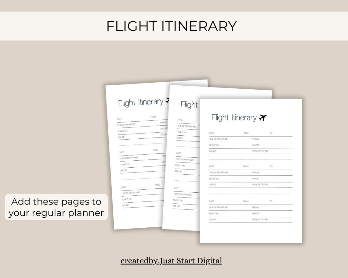 Flight Itinerary Template: Printable Travel Planner (digital Download ...