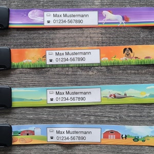 May include: Four colorful wristbands with black clasps. Each band features a different design: a unicorn, a dog, an airplane, and a farm scene. Each band includes the text "Max Mustermann" and a phone number.