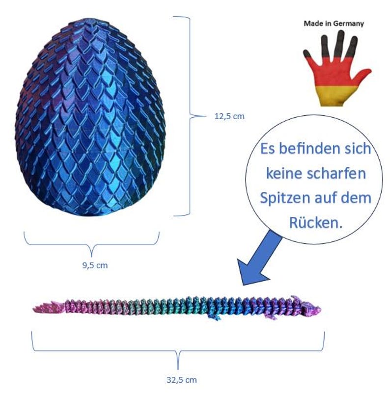 May include: A blue iridescent dragon egg toy with a textured surface. The egg is 12.5 inches tall and 9.5 inches wide. The toy also includes a 32.5 inch long iridescent dragon tail. The toy is made in Germany and has a warning that there are no sharp points on the back.
