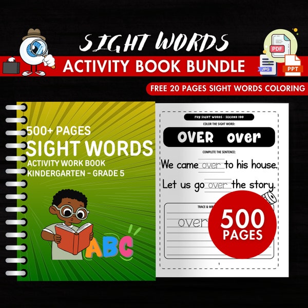 Sight Words Activity Worksheets Bundle Printable Pages for Toddlers, Preschool Kindergarten, Grade 1 , Grade 2 , Grade 3, Grade 4, Grade 5