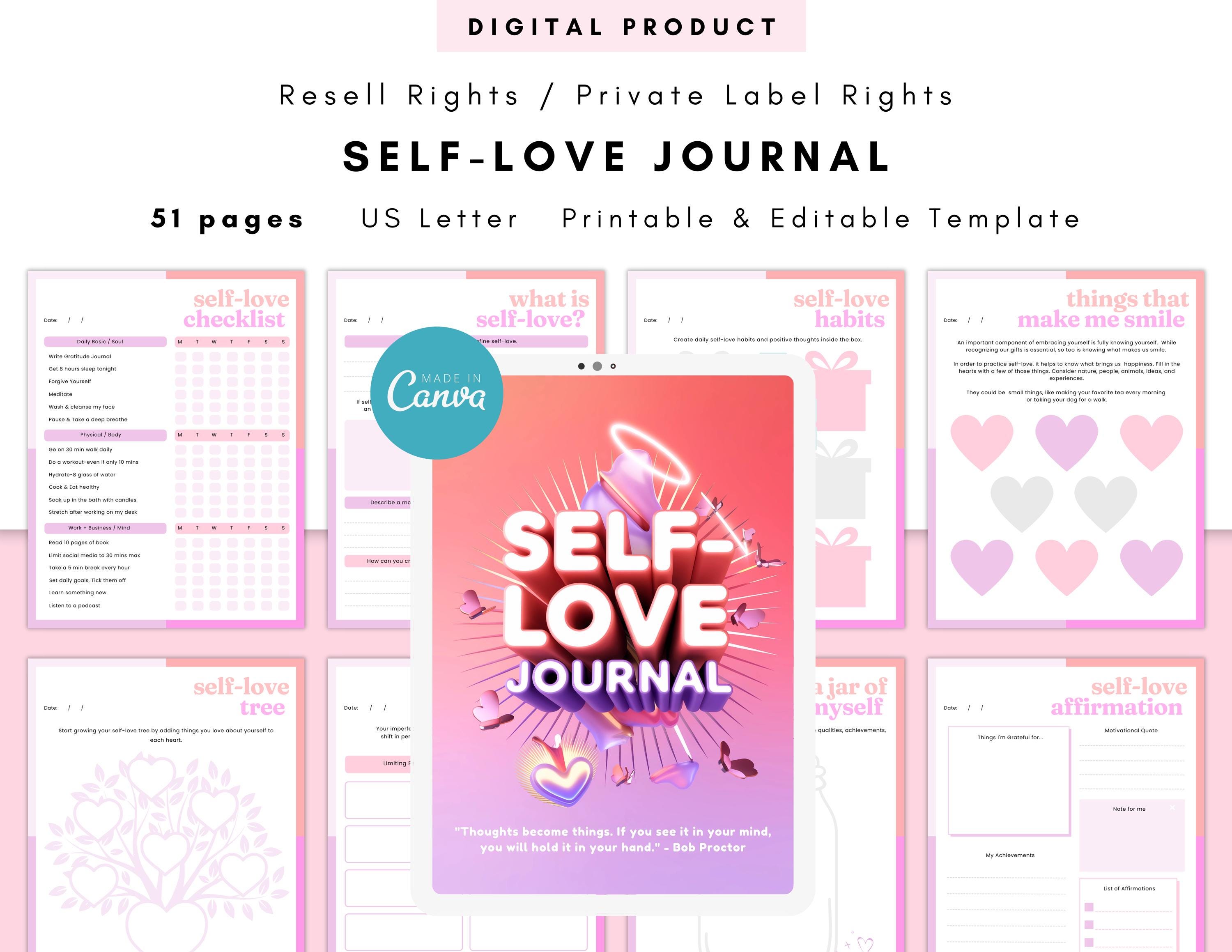 PLR / Resell Self Love Journal, Printable and Editable Template, Self Care Journal, Self Love Planner, Self Love Workbook, Self-Esteem