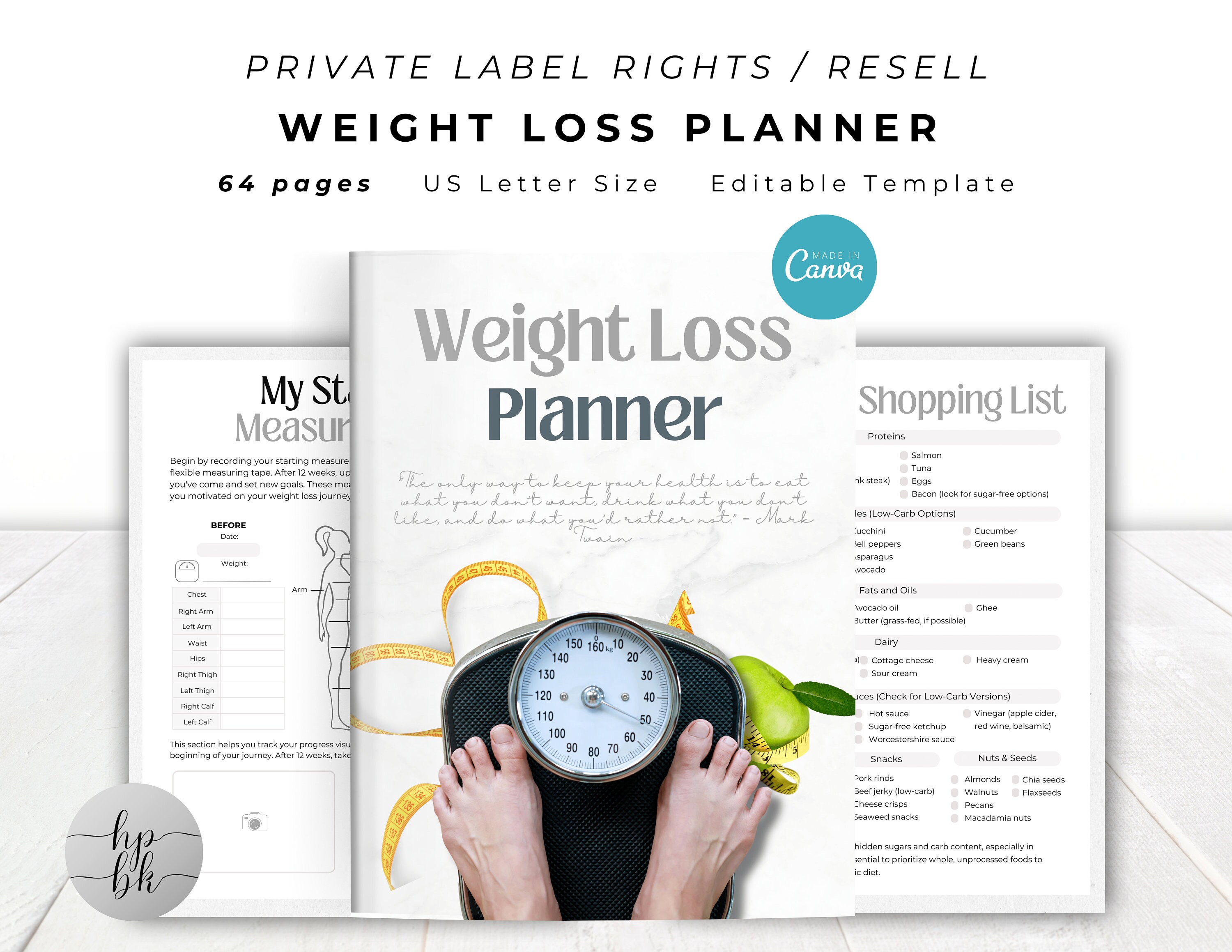 PLR / Wiederverkauf Gewichtsverlust-Planer für kommerzielle Nutzung Printable Journal und bearbeitbare Vorlage, Gewichtsverlust-Tracker, Fitness-Planer