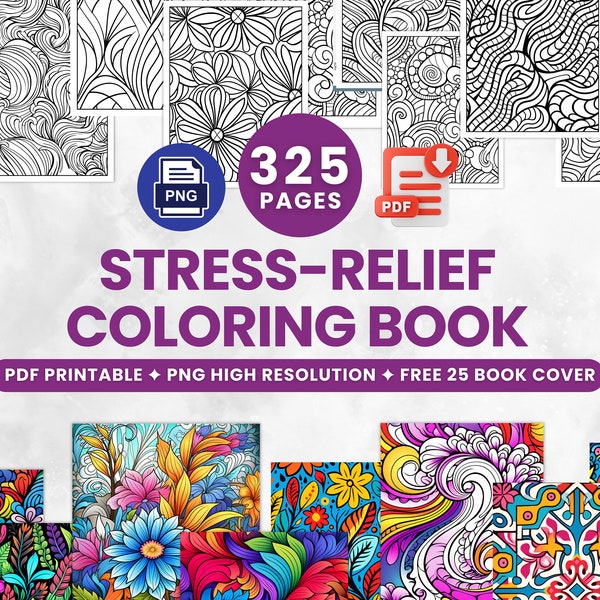 Stress-Relief Coloring Pages for Adult Printable with Free Book Cover, Anxiety Relief Adult Coloring Book, Abstract Pattern, Floral