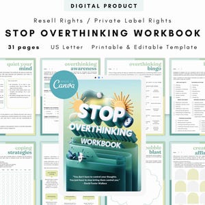 PLR / Revender Libro de trabajo para dejar de pensar demasiado, plantilla imprimible y editable, despeje su mente, libro de trabajo sobre la ansiedad, diario de salud mental