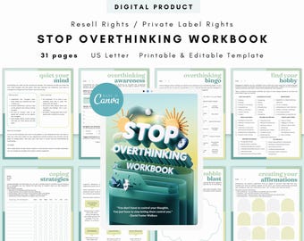 PLR / Resell Stop Overthinking Workbook, Printable and Editable Template, Declutter Your Mind, Anxiety Workbook, Mental Health Journal