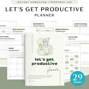 Puede incluir: Un planificador de productividad imprimible con un esquema de color verde y blanco. La portada presenta una ilustración de dibujos animados de una persona trabajando en una computadora portátil con el texto "Let's get productive planner". El planificador incluye secciones para la productividad de 30 días, superar la procrastinación, minimizar las distracciones, técnicas de pomodoro, desafío de desintoxicación digital, superar las distracciones, mi matriz de tareas pendientes, organizador de tareas e ivity. El planificador tiene 29 páginas.