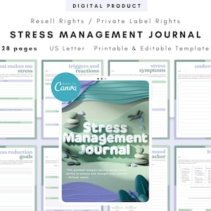 Diario de gestión del estrés PLR/Reventa, plantilla imprimible y editable, diario para lidiar con el estrés, diario para afrontar el estrés