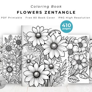 May include: A coloring book with a black and white illustration of flowers. The book cover features the text "Flowers Zentangle" and "410 pages".