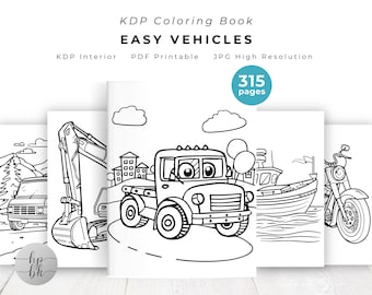 Easy Vehicle Coloring Pages for Kids Printable for KDP Interior, Cute Coloring Book, Vehicle Coloring, Cars Coloring Book, Kids Coloring