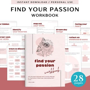 Puede incluir: Un cuaderno de trabajo "Find Your Passion" con un diseño floral en la portada. La portada presenta un girasol y mariposas. El cuaderno incluye páginas con títulos como "Descubre talentos ocultos". El cuaderno tiene 28 páginas.