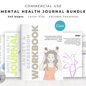 Dagboekbundel geestelijke gezondheid voor commercieel gebruik Afdrukbaar dagboek en bewerkbare sjabloon Dagboek angst en depressie Stressdagboek