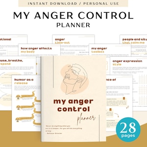 May include: A printable anger management planner with 28 pages. The cover features a line drawing of a person's face with the text "My Anger Control Planner".