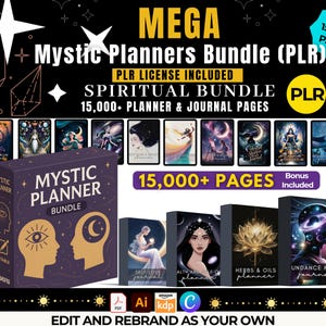 Może przedstawiać: Pakiet Mystic Planners z licencją PLR, zawierający ponad 15 000 stron zawartości planera i dziennika. Projekt obejmuje fioletowe pudełko ze złotymi ilustracjami i tekstem "Mystic Planner Bundle". Wyświetlane są dodatkowe dzienniki z różnymi okładkami.