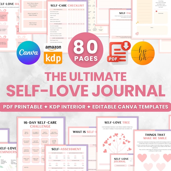 Self Love Journal Printable and Canva Editable Template for KDP Interior, Self Care Journal, Affirmation Journal, Self-Love Workbook