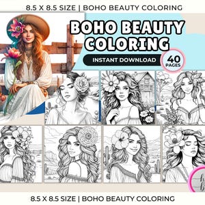 以下が含まれることがあります： 「Boho Beauty Coloring」という塗り絵本のデジタルダウンロード。40ページ。表紙には花柄の帽子をかぶった女性が描かれており、本には花を持つ女性や砂漠の風景のイラストが含まれています。サイズは21.6 x 21.6 cmです。