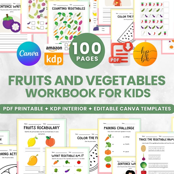 Fruits and Vegetables Workbook KDP Interior Printable and Editable Template in Canva, Pre-school Activities, Workbooks, Worksheets, Numbers