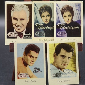 Conjunto de 5 cartas colecionáveis vintage UNITED ARTISTS, cartas dos anos 1950 com uma carta Dubbel de Gina Lollobrigida, onde uma das cartas é uma Kelloggs