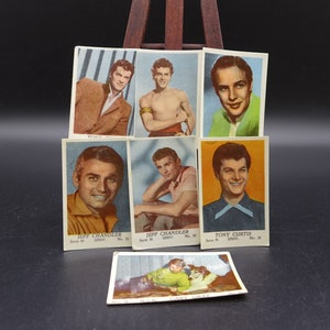 Conjunto de 7 tarjetas comerciales vintage Tarjetas de goma holandesas de la década de 1950 con la Serie H con Tony Curtis, Marlon Brando, Jeff Chandler, Jeff Chandler y Gary G