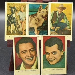 Conjunto de 5 cartas de troca vintage. A Cards 1950s com Jayne Mansfield, Rin-Tin-Tin, Gary Cooper, Rock Hudson e Lars Lönndahl