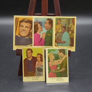 Conjunto de 5 tarjetas comerciales vintage Tarjetas de goma holandesas de la década de 1950 Las tarjetas X con Tab Hunter, Nicole Maurey y Bing Croby, Nat "King" Cole....