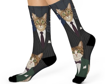 Dapper Cats Pattern Cushioned Crew Socks | Cat Portraits in Suits