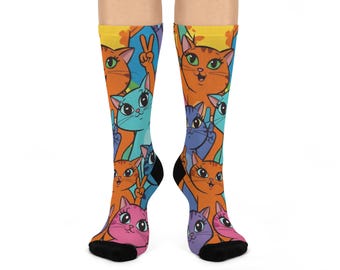 Vibrant Cat-Themed Crew Socks, Fun Cat Socks, Colorful Animal Socks, Quirky Gift for Cat Lovers, Cozy Socks for Everyday Wear