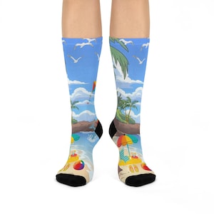 Beach Vibes Cushioned Crew Socks, Summertime Seagulls, Beach Umbrella, Coastal Feet Coverings, Vacation Apparel, Ocean Lover Gift, Nautical