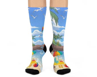 Beach Vibes gepolsterte Crew Socken, Sommer Möwen, Sonnenschirm, Küsten Füße Abdeckungen, Urlaubsbekleidung, Geschenk für Ozean-Liebhaber, Nautisch